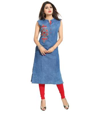Zesty Denim Fabrics Sleeveless kurti with Red Embroidery 5