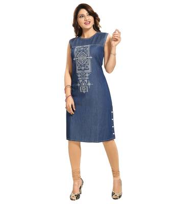 Decent Dark Blue Denim Fabric Sleeveless kurti for Women 1