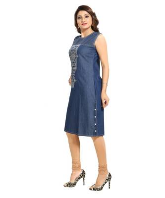 Decent Dark Blue Denim Fabric Sleeveless kurti for Women 3