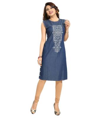 Decent Dark Blue Denim Fabric Sleeveless kurti for Women 4