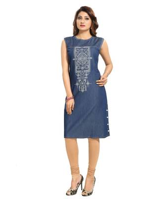 Decent Dark Blue Denim Fabric Sleeveless kurti for Women 5