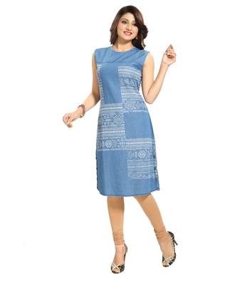 Peppy Printed Light Blue Denim Sleeveless Kurti  for Everyday Wear 1