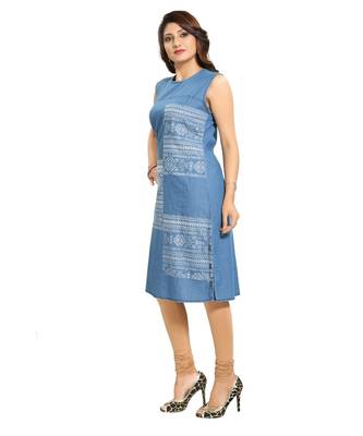 Peppy Printed Light Blue Denim Sleeveless Kurti  for Everyday Wear 3