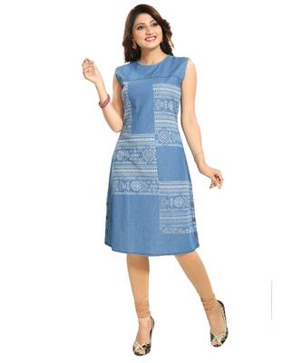 Peppy Printed Light Blue Denim Sleeveless Kurti  for Everyday Wear 4