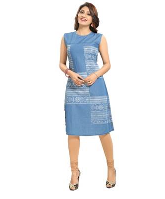 Peppy Printed Light Blue Denim Sleeveless Kurti  for Everyday Wear 5