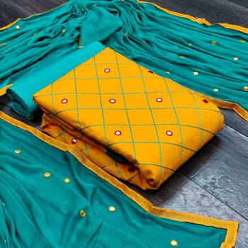 Mustard & Sea Green Cotton Embroidered & Mirror Work Salwar Suit For Women 1