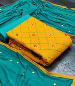 Mustard & Sea Green Cotton Embroidered & Mirror Work Salwar Suit For Women