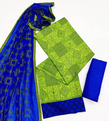 Parrot Green & Blue Cotton Embroidered & Mirror Work Salwar Suit For Women 1