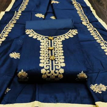 Navy Blue Chanderi Silk Women's Unstitched Dress Material 1