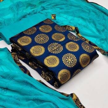 Navy Blue & Teal Brocade Unstitched Women's Dress Material 1
