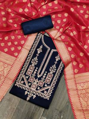 Navy Blue & Coral Jam Silk Women's Unstitched Dress Material 1