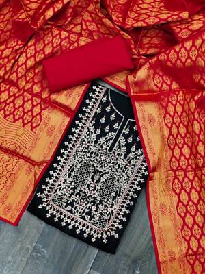 Black & Red Jam Silk Women's Unstitched Dress Material 1