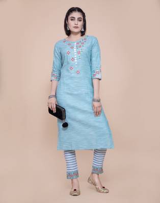 Soft Cotton Slub Embroidered Straight Kurta Set For Women 1