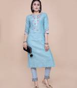 Soft Cotton Slub Embroidered Straight Kurta Set For Women