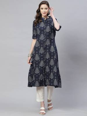 Navy-blue printed cotton ethnic-kurtis 1