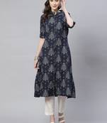Navy-blue printed cotton ethnic-kurtis