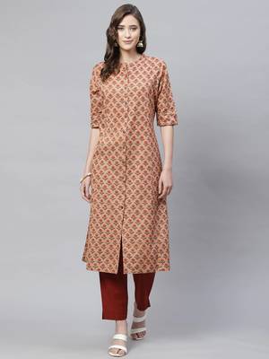 Peach printed cotton ethnic-kurtis 1