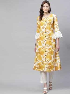 Mustard printed cotton ethnic-kurtis 1