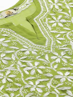 Hand Embroidered Green Georgette Lucknow Chikankari Women Kurta Trouser Set with slip 5