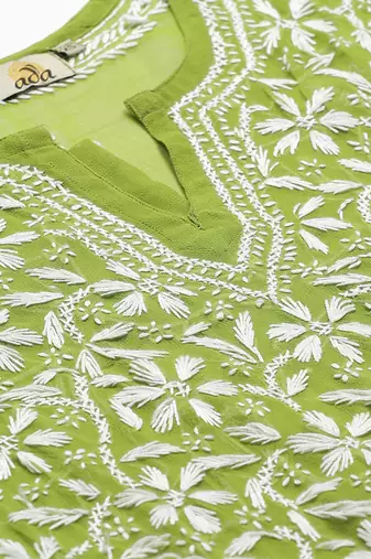 Hand Embroidered Green Georgette Lucknow Chikankari Women Kurta Trouser Set with slip
