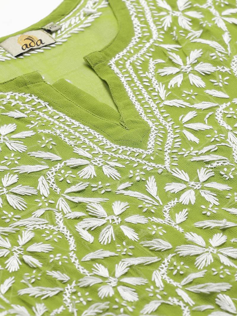 Hand Embroidered Green Georgette Lucknow Chikankari Women Kurta Trouser Set with slip