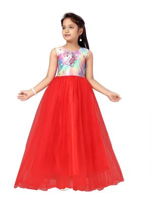 Red printed polyester kids-girl-gowns 3