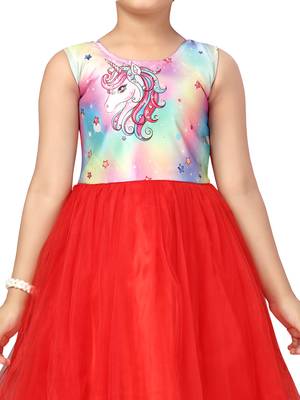 Red printed polyester kids-girl-gowns 5