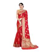 Red woven organza saree with blouse