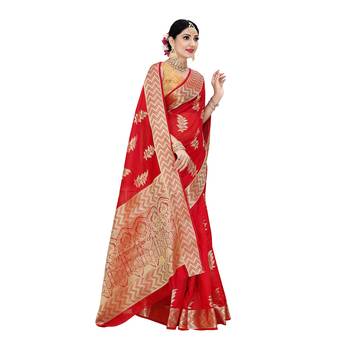 Red woven organza saree with blouse 2