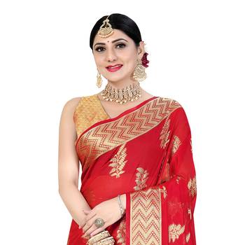 Red woven organza saree with blouse 3