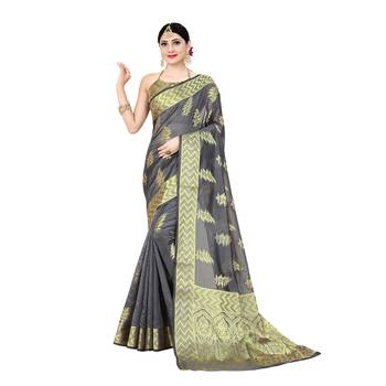 Grey woven organza saree with blouse 1