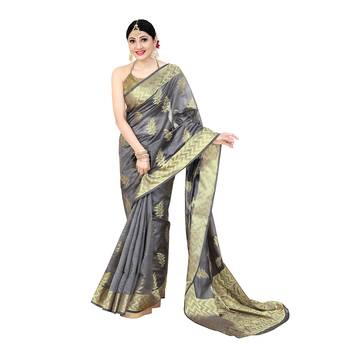 Grey woven organza saree with blouse 2