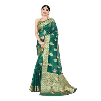 Green woven organza saree with blouse 1