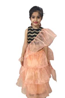 Aglare Peach  Oraganza saree with Black Frill blouse ready to wear.fully stitched