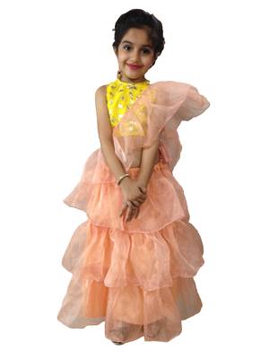 Aglare Peach  Oraganza saree with Yellow frill blouse ready to wear.fully stitched 1
