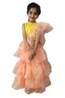 Aglare Peach  Oraganza saree with Yellow frill blouse ready to wear.fully stitched