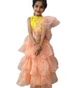 Aglare Peach  Oraganza saree with Yellow frill blouse ready to wear.fully stitched