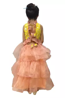 Aglare Peach  Oraganza saree with Yellow frill blouse ready to wear.fully stitched