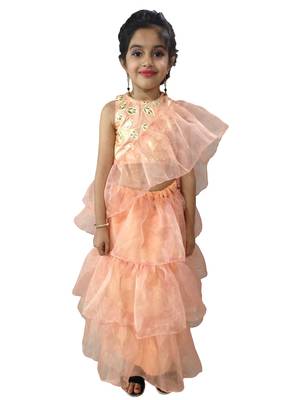 Aglare Peach  Oraganza saree with Peach  Frill blouse ready to wear.fully stitched 1