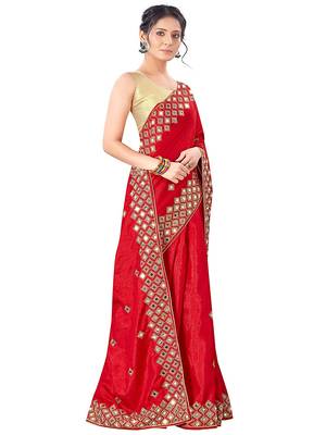 Red embroidered silk saree with blouse 4