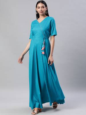Teal printed viscose rayon maxi-dresses 1