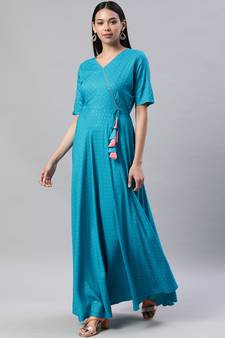 Teal printed viscose rayon maxi-dresses