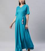 Teal printed viscose rayon maxi-dresses
