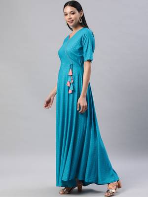 Teal printed viscose rayon maxi-dresses 2