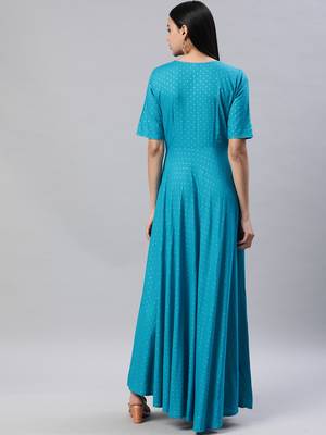 Teal printed viscose rayon maxi-dresses 3