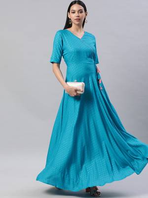 Teal printed viscose rayon maxi-dresses 4