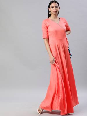 Peach printed viscose rayon maxi-dresses 1