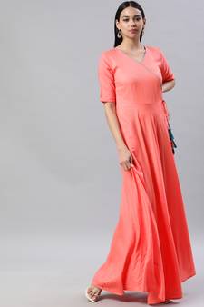 Peach printed viscose rayon maxi-dresses