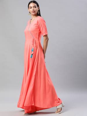 Peach printed viscose rayon maxi-dresses 2