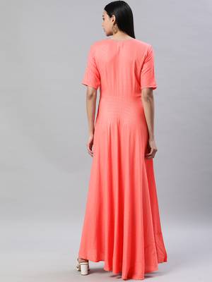 Peach printed viscose rayon maxi-dresses 3
